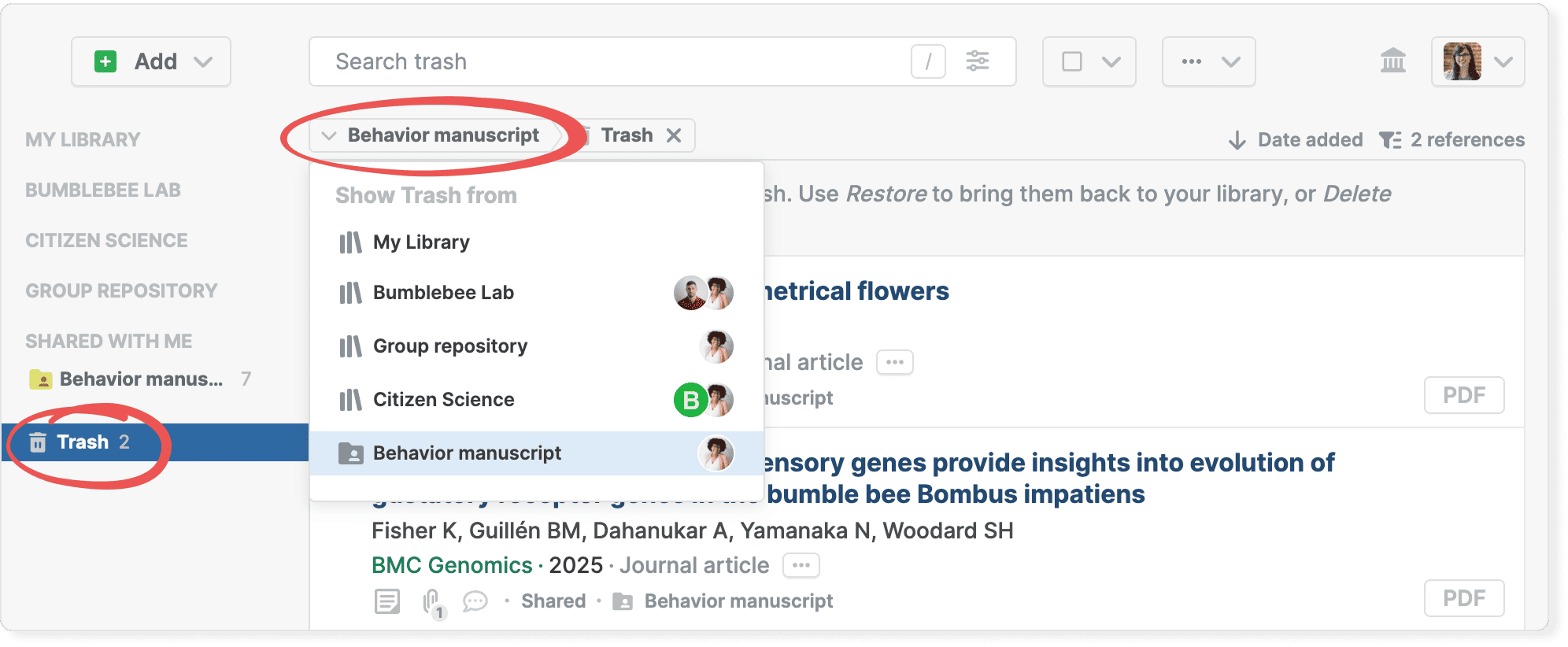 The Trash view with the circled “Behavior manuscript › Trash” breadcrumb opening a “Show Trash from” list of My Library, Bumblebee Lab, Group repository, Citizen Science and Behavior manuscript, and Trash circled in the sidebar.